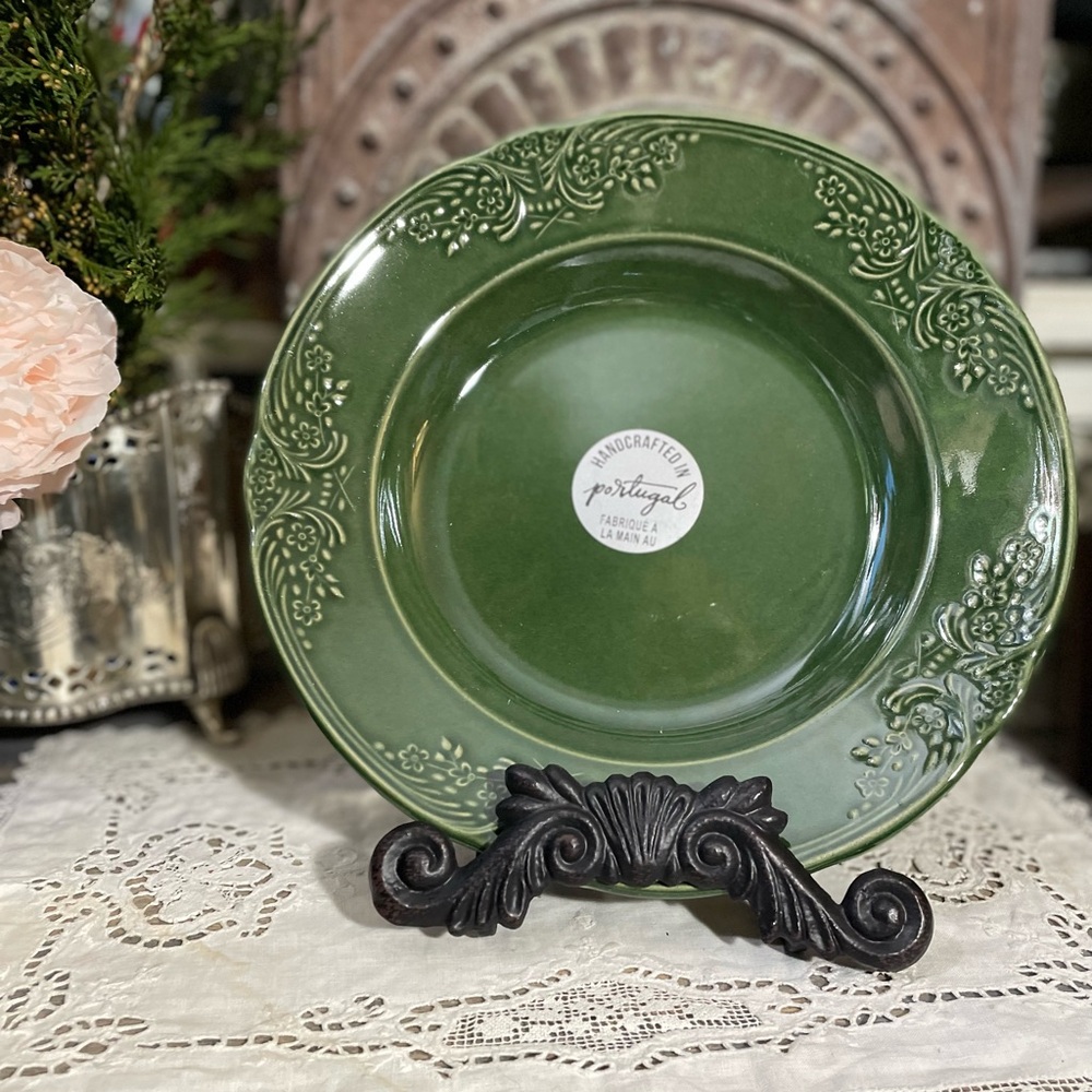 Villa Dark Green ceramic stoneware bowl Portugal floral  border French Country